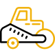 Icon of a yellow construction vehicle with a large front wheel, resembling a steamroller, used in asphalt paving, set against a transparent background. The simple design includes a small cabin and prominent outlines, emphasizing the front roller.