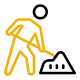 Yellow stick figure icon of a person shoveling dirt or debris, ideal for representing asphalt repair tasks. The figure is outlined in black, facing left, with a pile in front. Minimalist design on a transparent background.