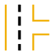 A black background with two vertical yellow lines on the left and a yellow F-like shape on the right, resembling markings seen in asphalt paving, consisting of one vertical and two horizontal lines.