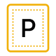 Yellow letter P with a dotted square border on a black background, reminiscent of roadway signage for asphalt paving projects.