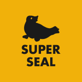 Silhouette of a seal on a bright yellow background with the words SUPER SEAL in bold black letters beneath it, symbolizing outstanding asphalt maintenance and repair.