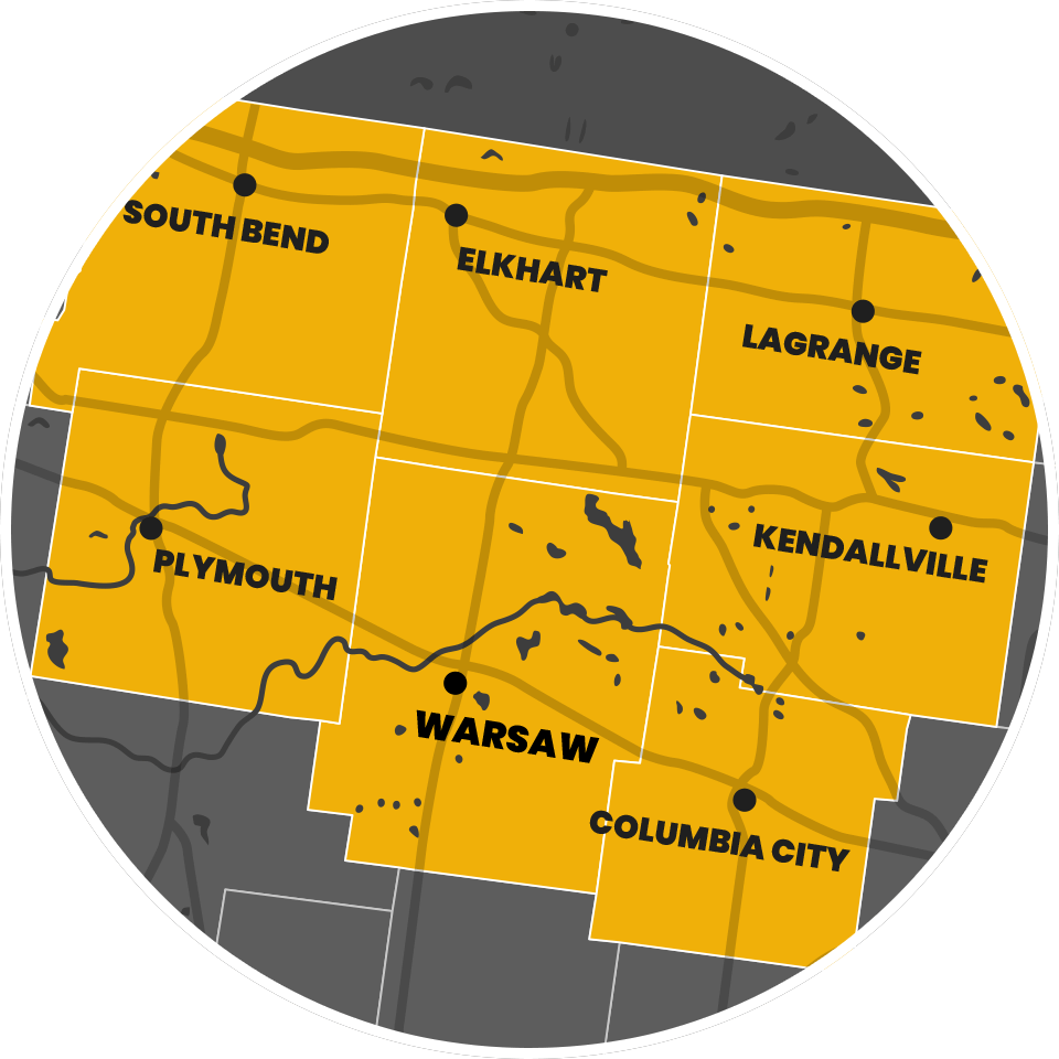 Map highlighting cities in northern Indiana, including South Bend and Elkhart.